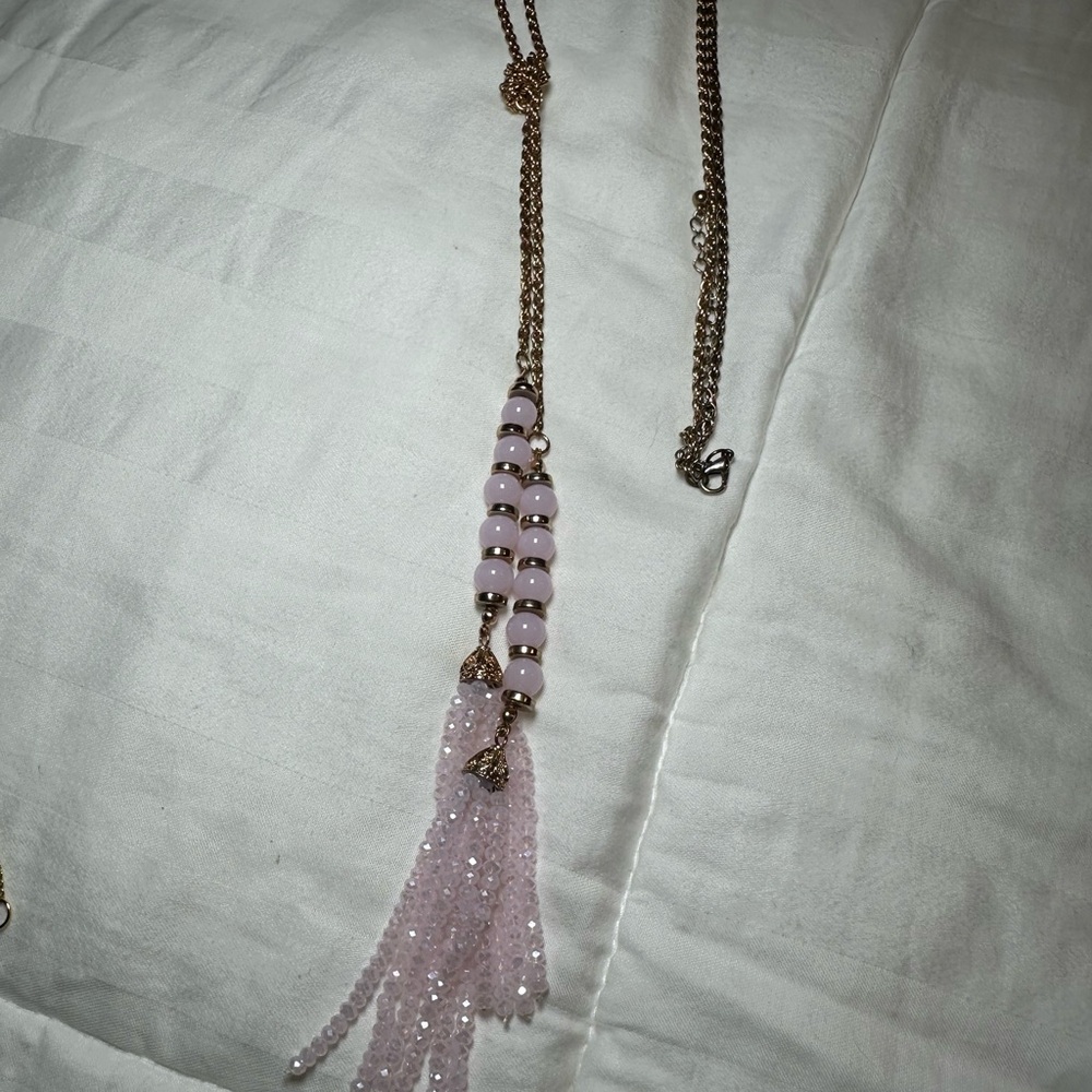 Delicate Pink Beaded Tassel Necklace - Women Jewelry